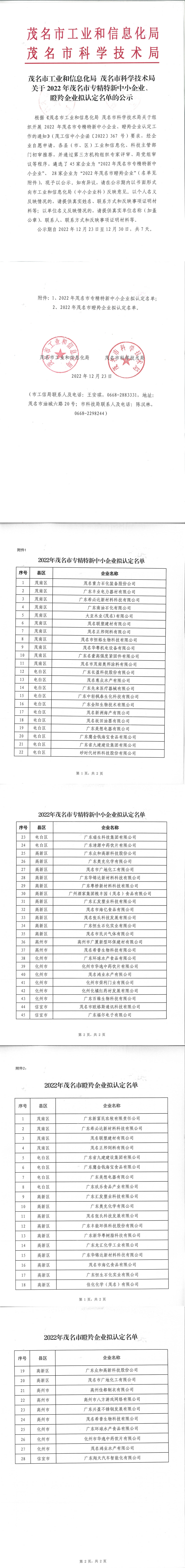 茂名市2022年專精特新中小企業、瞪羚企業擬認定名單的公示