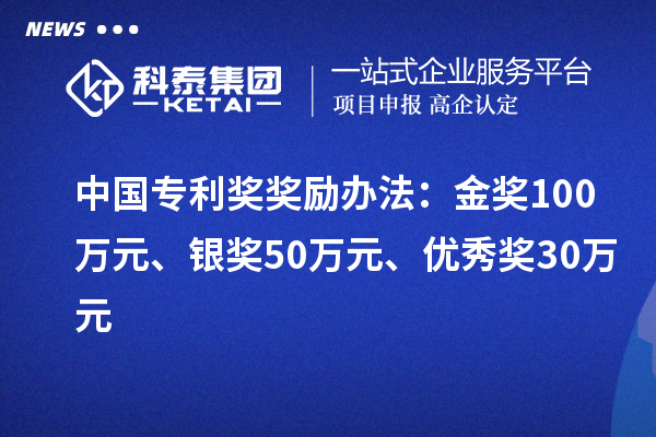 中國專利獎：金獎100萬元、銀獎50萬元、優秀獎30萬元（省級）