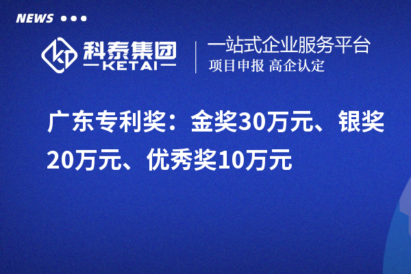 廣東專利獎：金獎30萬元、銀獎20萬元、優(yōu)秀獎10萬元（省級）