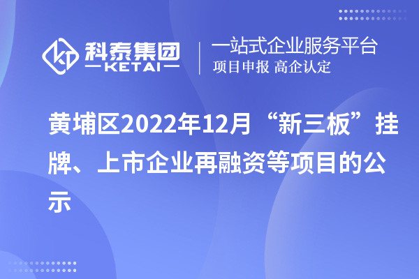 黃埔區2022年12月“新三板”掛牌、上市企業再融資等項目的公示