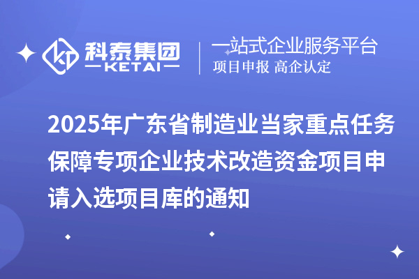 2025年廣東省制造業當家重點任務保障專項企業技術改造資金項目申請入選項目庫的通知