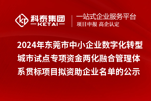 2024年東莞市中小企業數字化轉型城市試點專項資金兩化融合管理體系貫標項目擬資助企業名單的公示