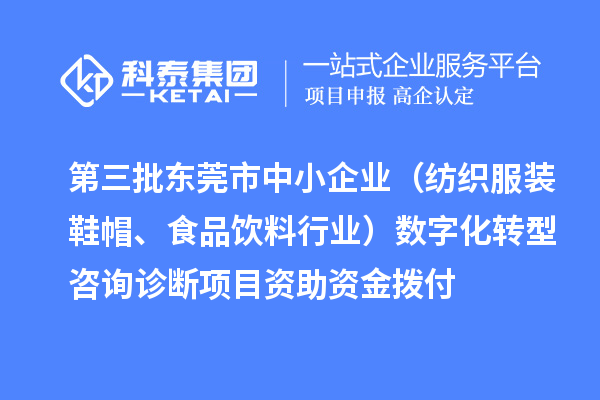 第三批東莞市中小企業(yè)（紡織服裝鞋帽、食品飲料行業(yè)）數(shù)字化轉(zhuǎn)型咨詢診斷項目資助資金撥付